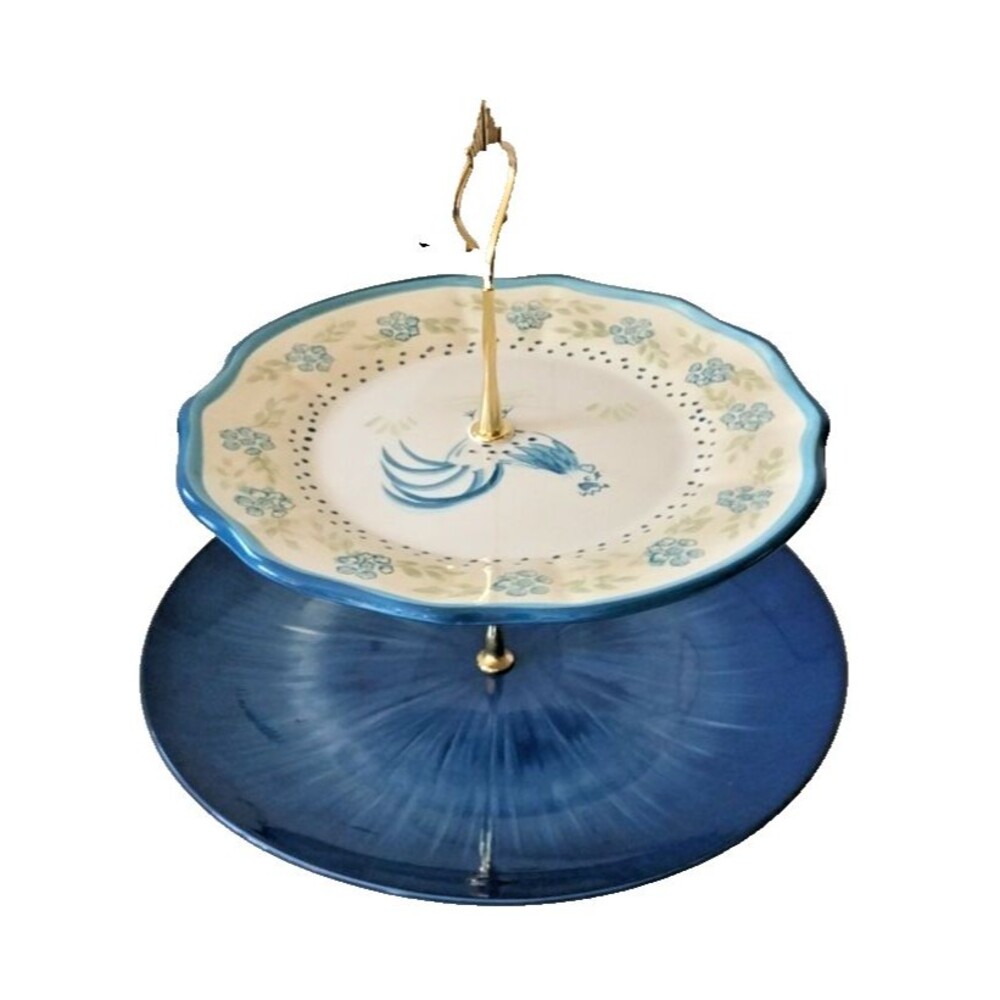Custom 2 Tier Cake Stand Cottage Core Blue Floral Rooster Country